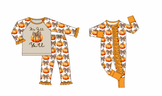 25.8.14 custom each style moq 5eta 4-6week Sibling Sister pumpkin bow baby girl long sleeve pants sets and rompers match family design
