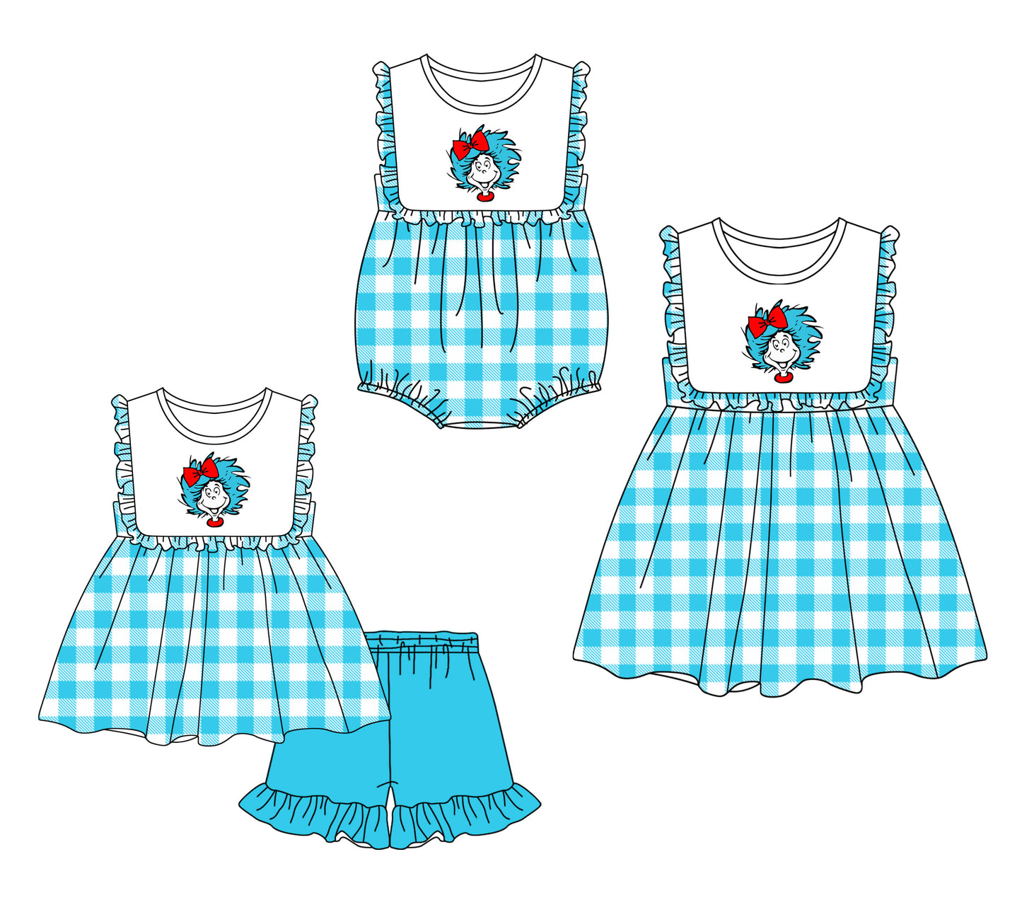 12.6 custom each style moq 5eta 4-6week Sibling Sister dr seuss baby girl short sleeve shorts sets and dress and rompers match family design