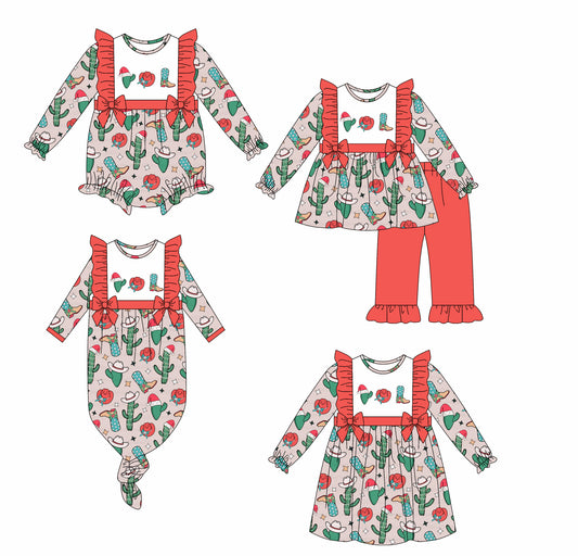 25.6.9 custom each style moq 5eta 4-6week Sibling Sisters Christmas catcus baby girl long sleeve pants sets and dress and rompers and nightgown match family design