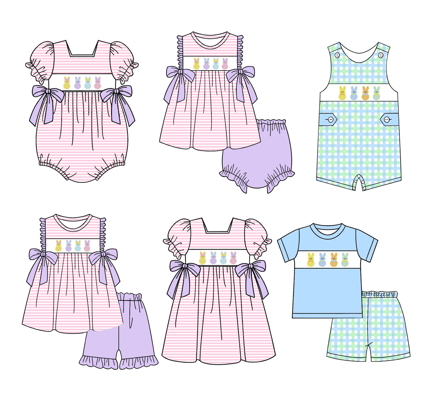 25.12.20 custom each style moq 5 eta 6-8week Sibling Sister easter bunny baby short sleeve shorts sets 2 and dress and brief sets and romper 2 match design