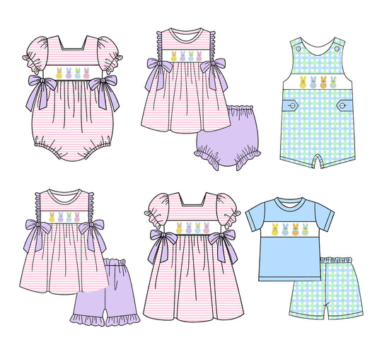 25.12.20 custom each style moq 5 eta 6-8week Sibling Sister easter bunny baby short sleeve shorts sets 2 and dress and brief sets and romper 2 match design