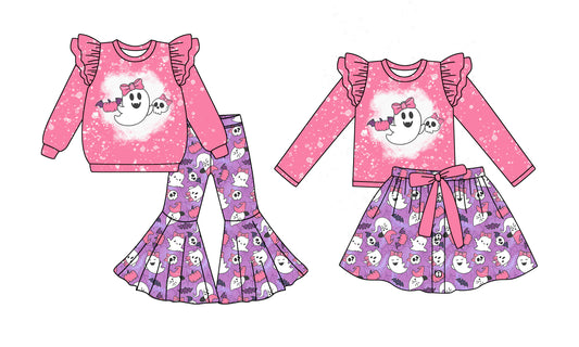 25.5.25 custom each style moq 5eta 4-6week Sibling Sisters ghost pink baby girl long sleeve pants sets and dress match family design