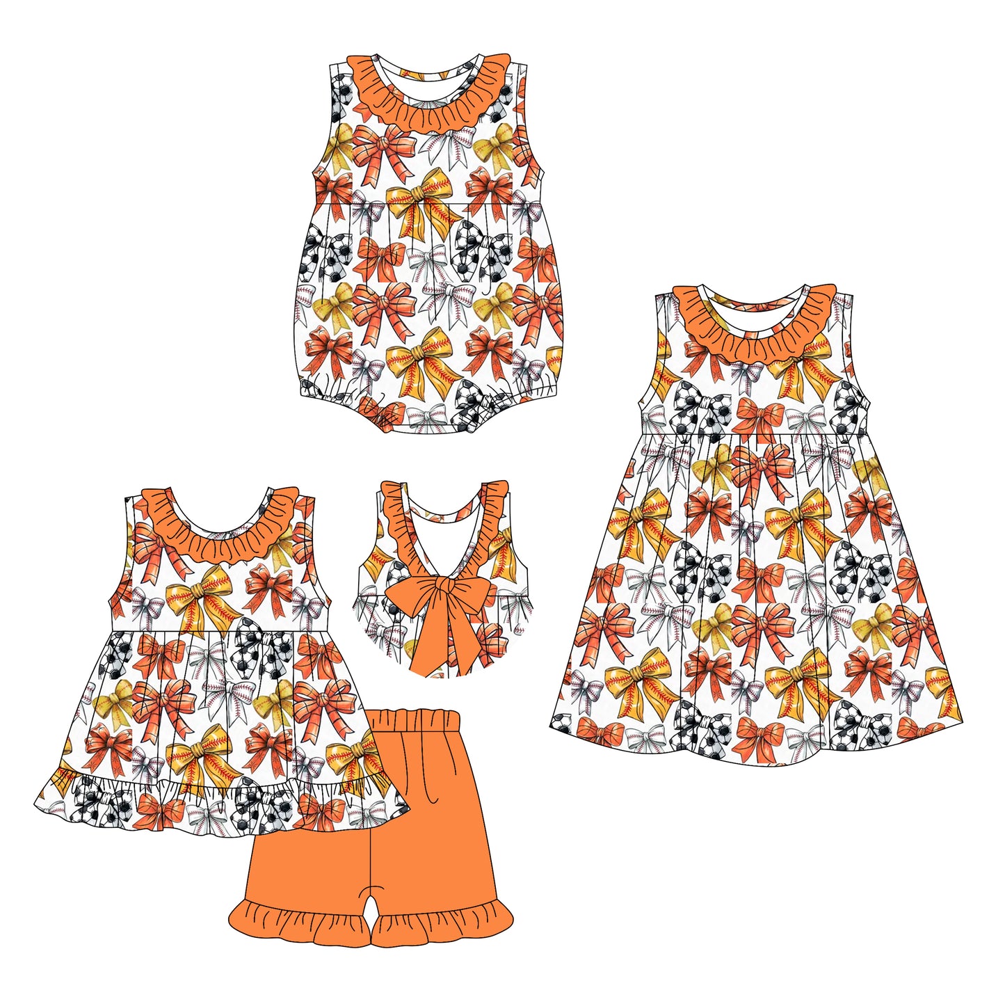3.5 custom each style moq 5eta 4-6week Sibling Sister bow baby girl short sleeve shorts sets and dress and rompers match family design