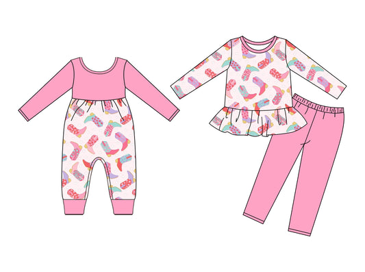 25.9.9 custom each style moq 5eta 4-6week Sibling Sisters boots baby girl clothes long sleeve pants sets and romper match family design