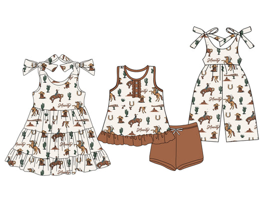 3.13 custom each style moq 5eta 4-6week Sibling Sister riding horse baby girl short sleeve shorts sets and dresses and jumpsuit match design