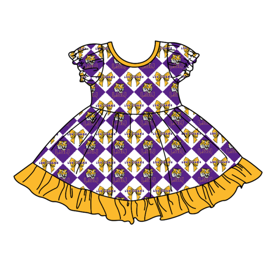 Custom moq 5 mix size Baby Girl's Purple Plaid Short-Sleeved Team Dress Cute And Stylish Outfit for Little Ones