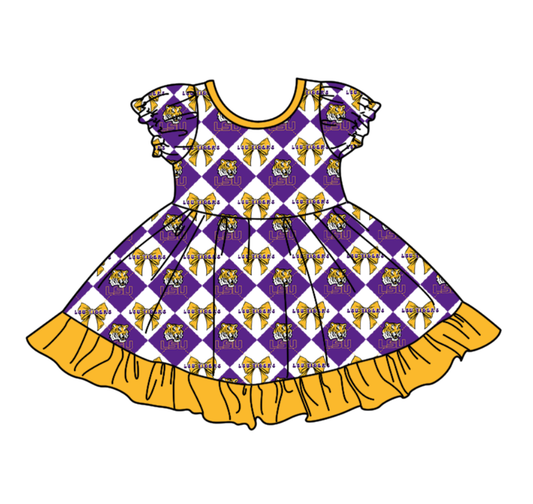 Custom moq 5 mix size Baby Girl's Purple Plaid Short-Sleeved Team Dress Cute And Stylish Outfit for Little Ones