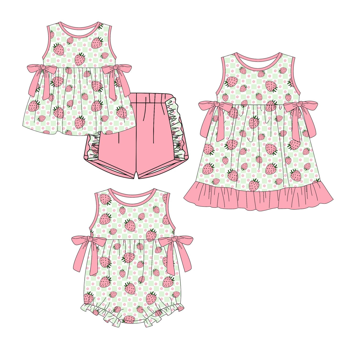 25.12.26 custom each style moq 5 eta 6-8week Sibling Sister strawberry baby short sleeve shorts sets and romper and dress match design