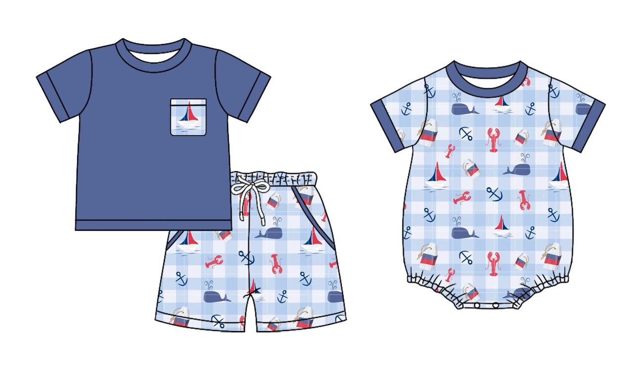 25.12.16 custom each style moq 5 eta 6-8week Sibling Sister boat baby boy short sleeve shorts sets and romper match design