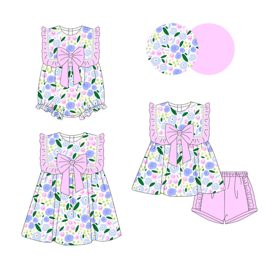 3.14 custom each style moq 5eta 4-6week Sibling Sisters floral baby girl short sleeve shorts sets and dress and rompers match family design