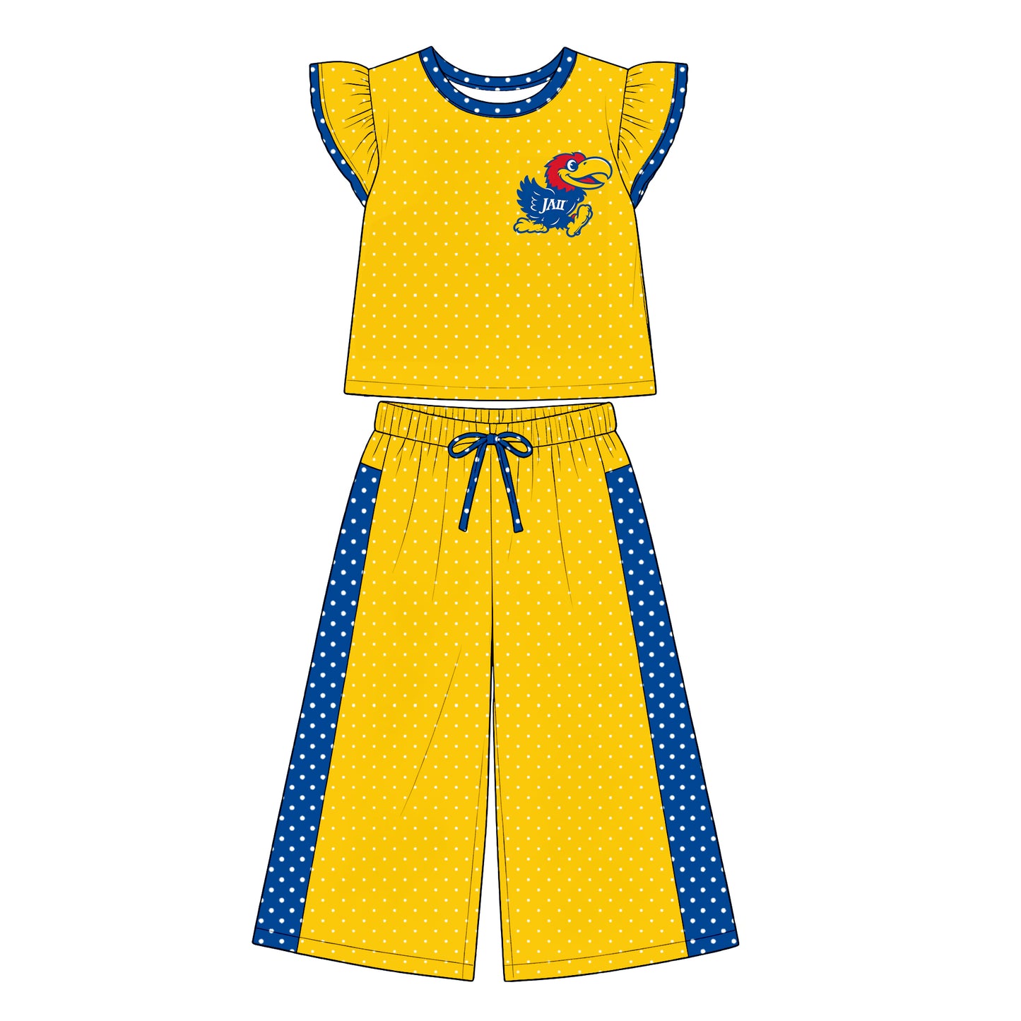 custom moq 5 mix size XRCXF071401 Baby Girls Polka Dot Print Flutter Sleeve Top Bell Bottom Flare Pants Two Piece Team Clothes Set