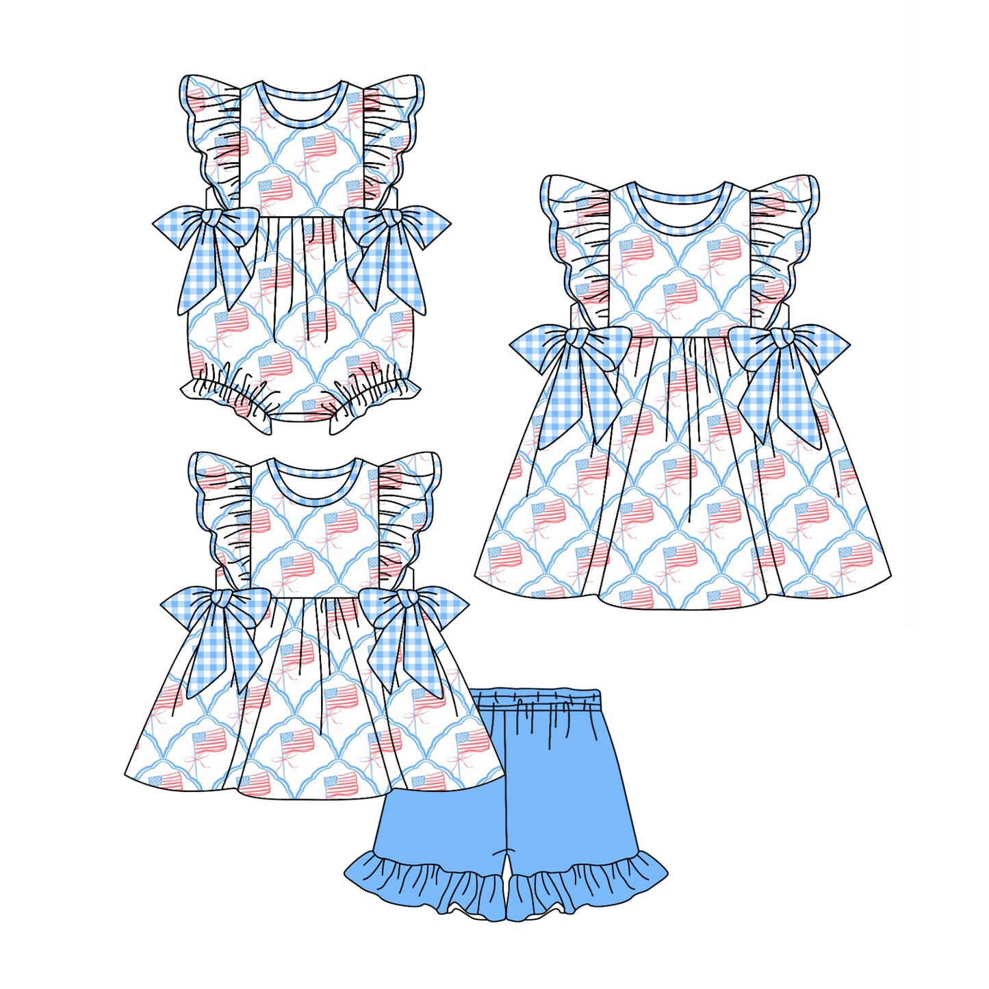 4.1 custom each style moq 5eta 4-6week Sibling Sisters bow flag baby girl short sleeve shorts sets and dress and rompers match family design