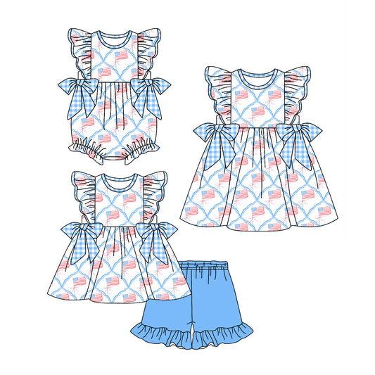 4.1 custom each style moq 5eta 4-6week Sibling Sisters bow flag baby girl short sleeve shorts sets and dress and rompers match family design