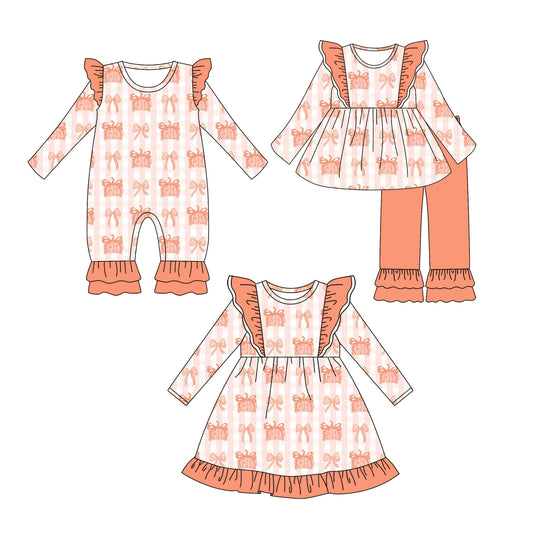 25.6.18 custom each style moq 5eta 4-6week Sibling Sisters pumpkin bow baby girl long sleeve pants sets and dress and rompers match family design