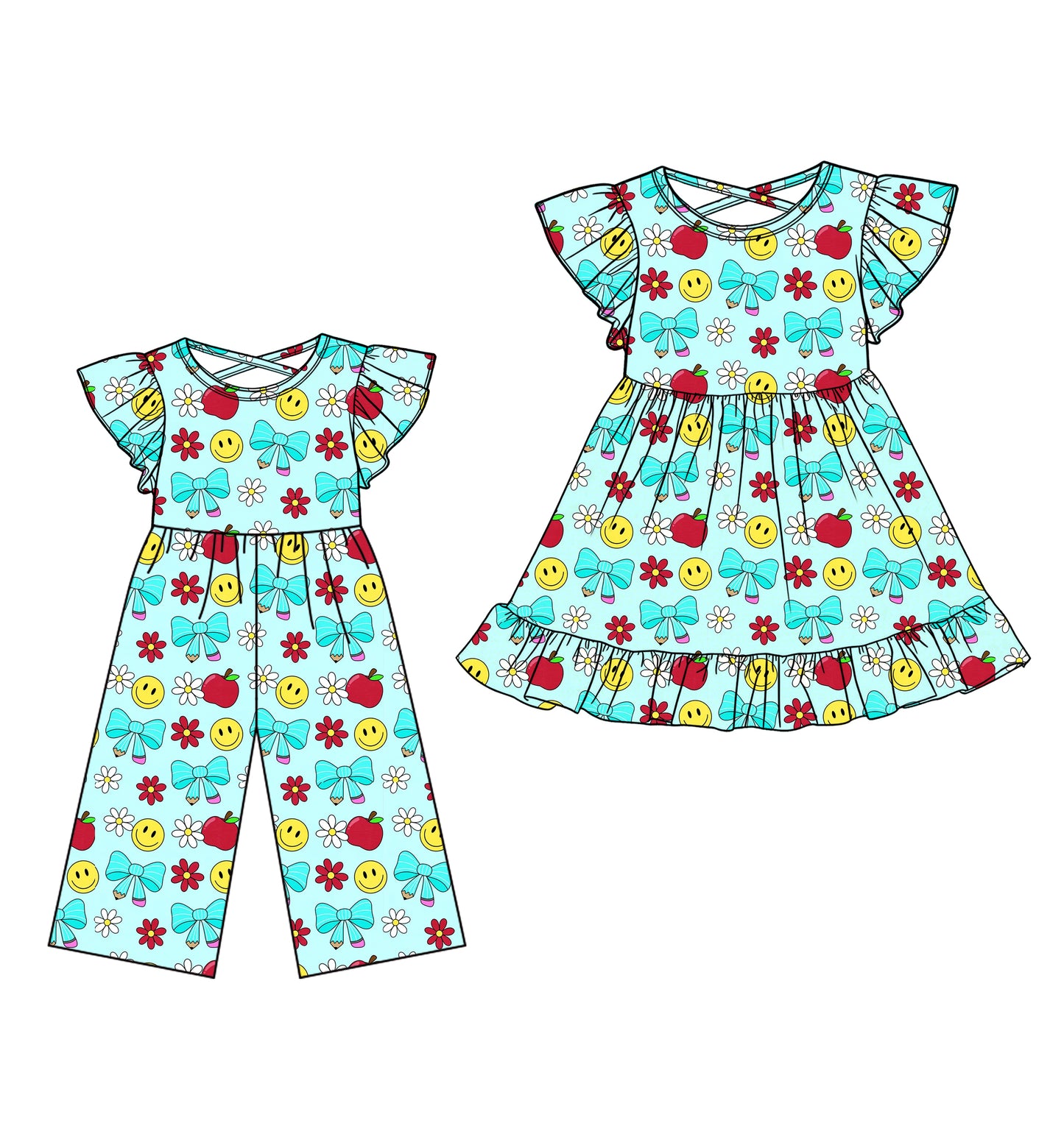 25.12.24 custom each style moq 5 eta 6-8week Sibling Sister pencil bow smiley baby short sleeve dress and jumpsuit match design