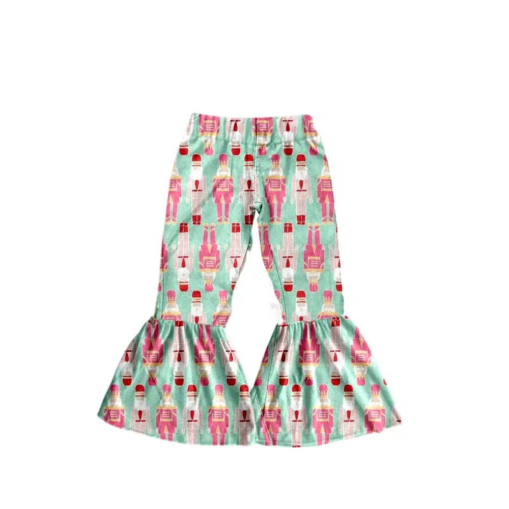 Deadline October 3 custom no moq eta 6-8weeks Mint green flared trousers with Christmas puppet soldiers