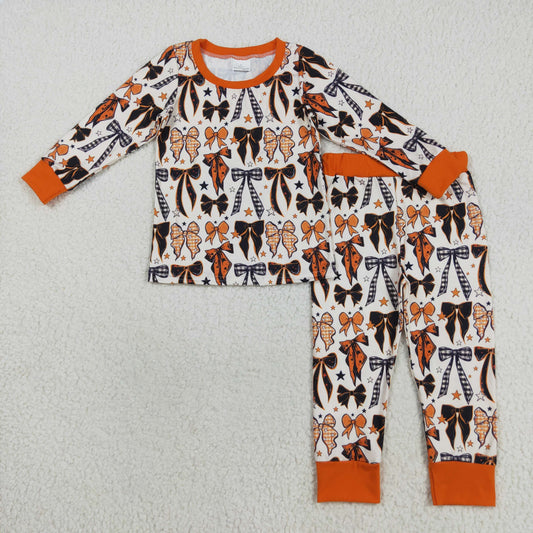 RTS NO MOQ（In Stock) GLP2573 Orange Bow Pattern Star Long-Sleeved Pants Pajama Set