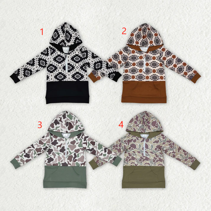 RTS NO MOQ Baby kid Geometric pullover hooded long sleeve toP