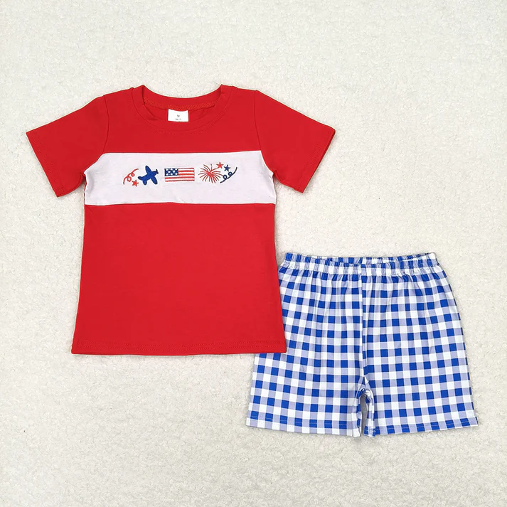 RTS NO MOQ baby boy Clothes 4th of july embroidery short sleeve shorts Sets