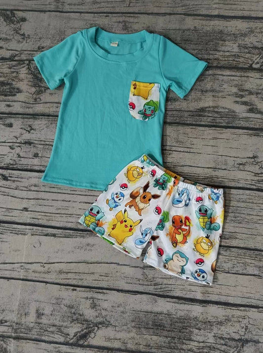 custom moq 5 eta 5weeks summer baby boys clothes teal short sleeve shorts Set