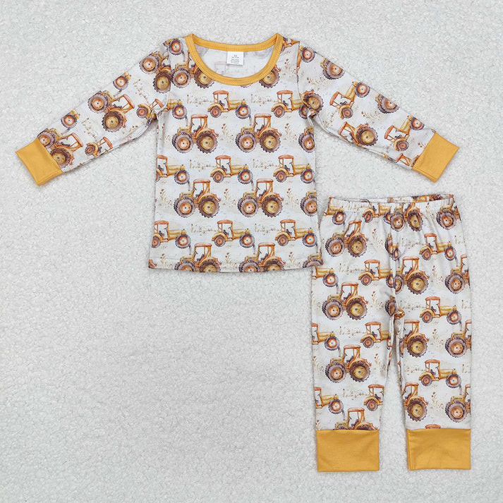 RTS NO MOQ Baby Boys Tractor yellow Rompers Pajamas sets