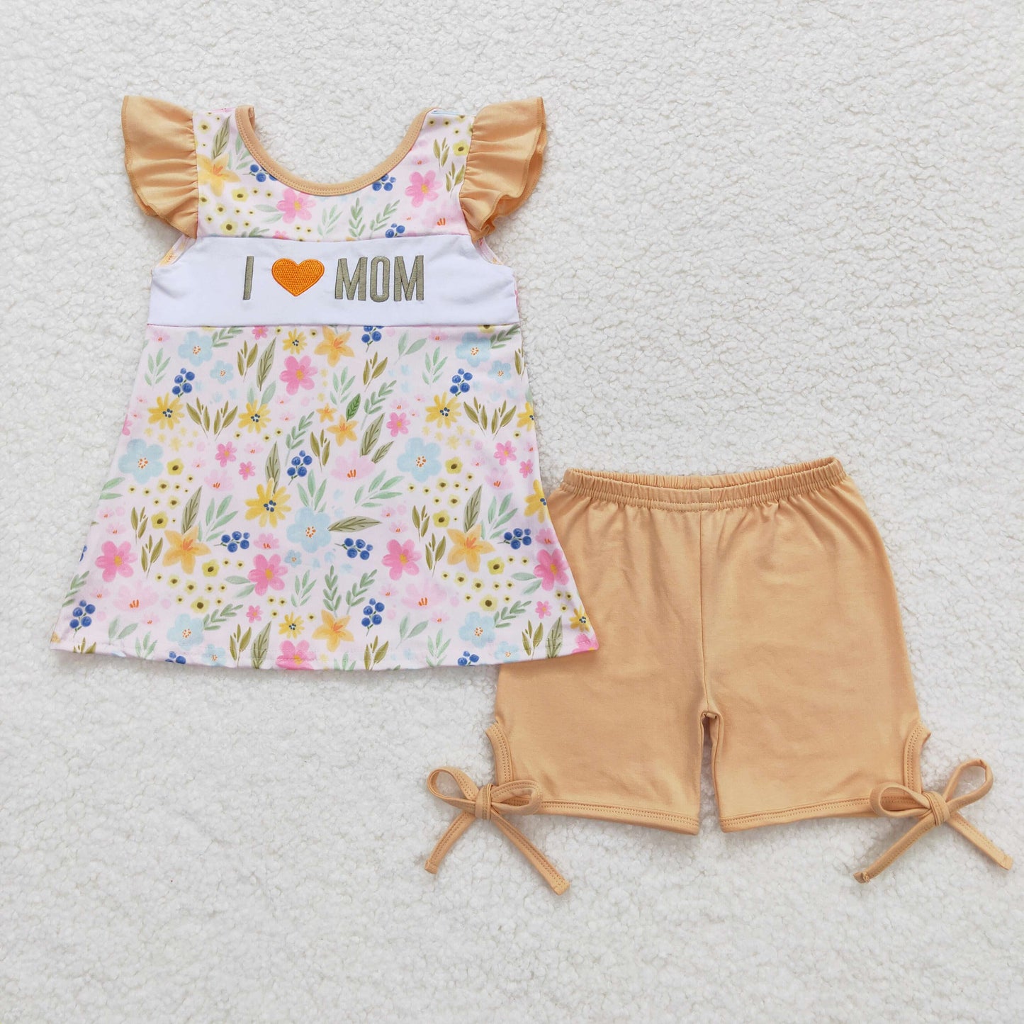 RTS NO MOQ I love MOM Embroidery Orange Floral Dresses Rompers Clothes Sets
