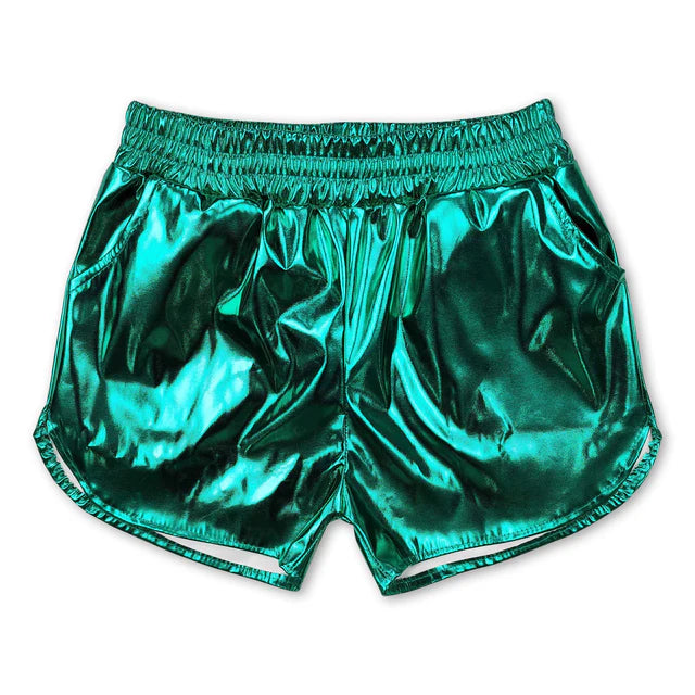 RTS NO MOQ Sibling Baby Girls  Pockets Leather Metallic Elastic Bottom Shorts