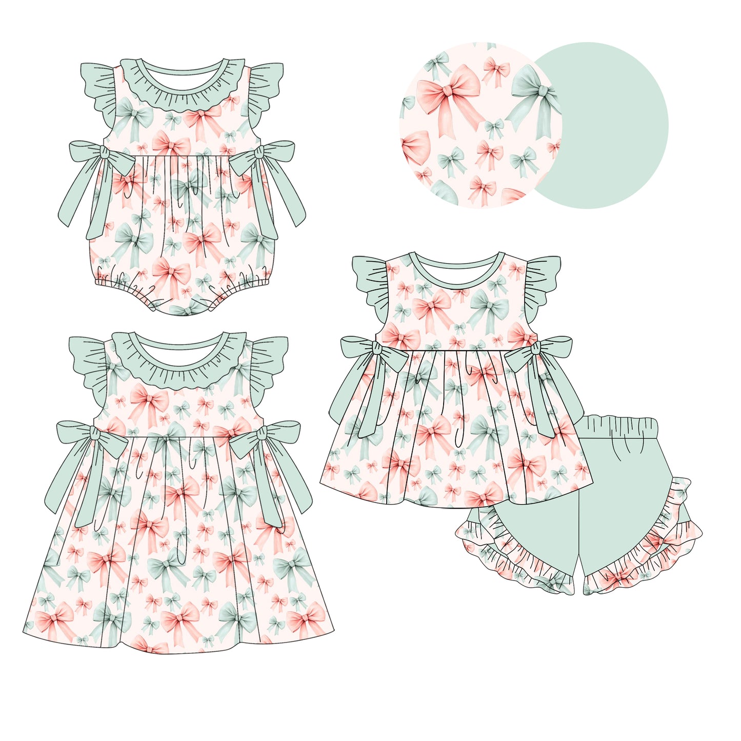 4.2 custom each style moq 5eta 4-6week Sibling Sisters bow baby girl short sleeve shorts sets and dress and rompers match family design