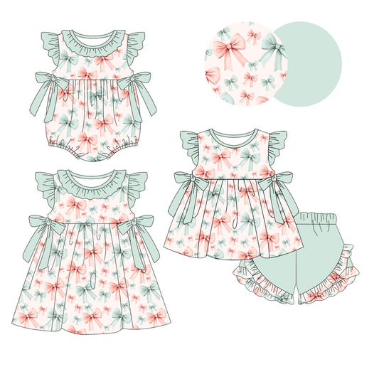 4.2 custom each style moq 5eta 4-6week Sibling Sisters bow baby girl short sleeve shorts sets and dress and rompers match family design