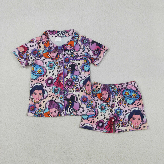 RTS NO MOQ（In Stock) Kpop floral music cartoon purple short-sleeved shorts pajama set