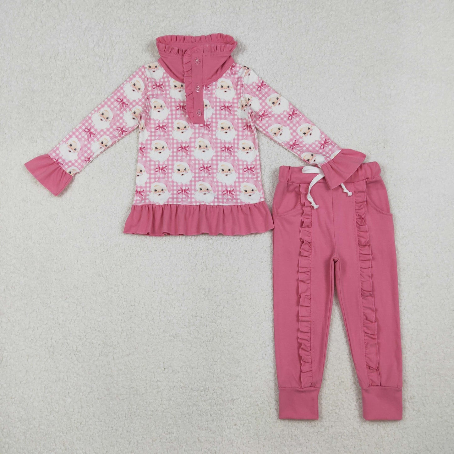 12/18m-7/8t RTS NO MOQ（In Stock) GLP2881 Pink and white plaid button-down long-sleeved trouser set with Santa Claus bow pattern