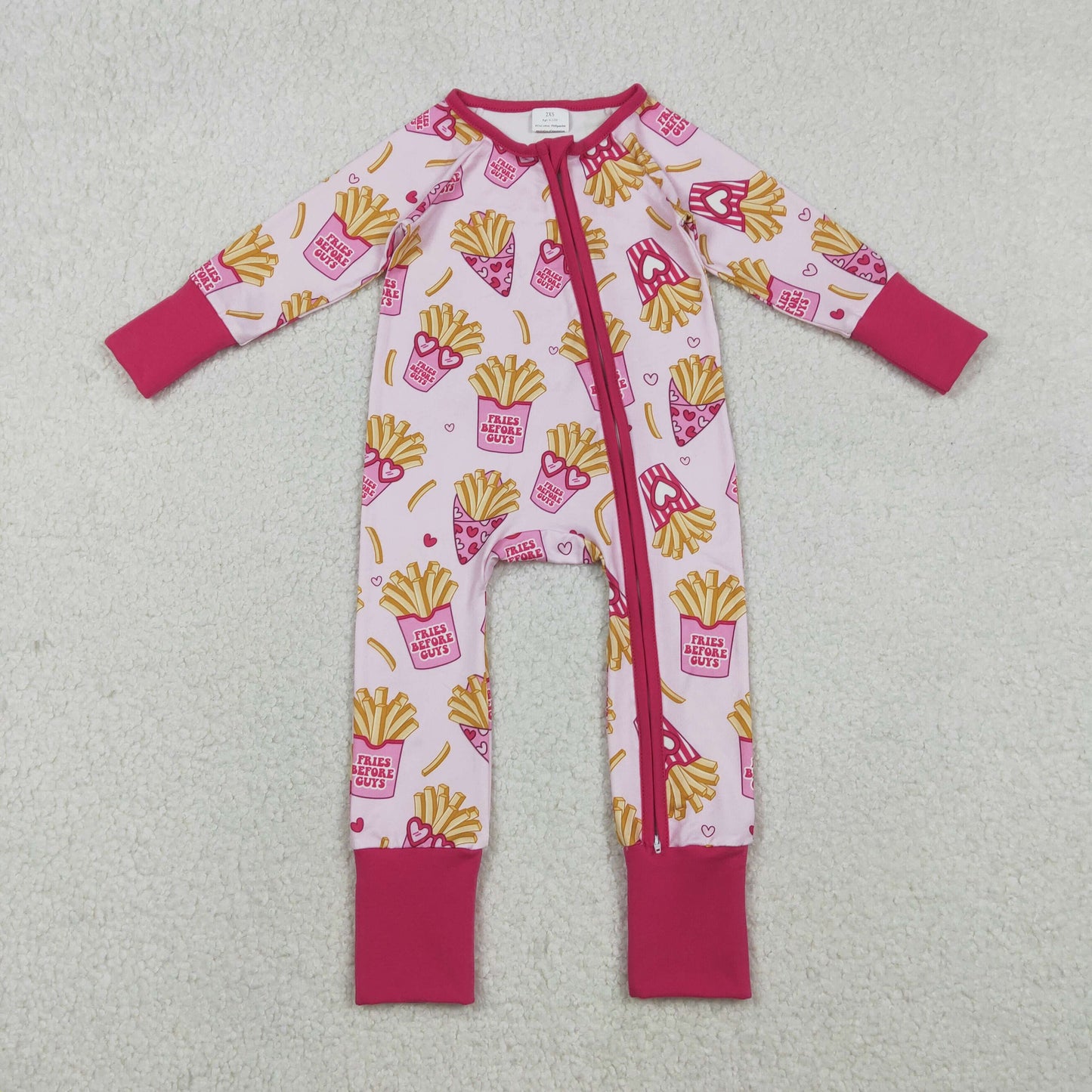 RTS NO MOQ（In Stock ) Valentine's Day French Fries Heart Glasses Pink Zipper-Up Long-Sleeve Jumpsuit