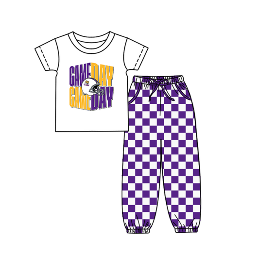 Custom summer teams baby boy clothes team GAME DAY purple plaid short sleeve pants sets-25.9.4