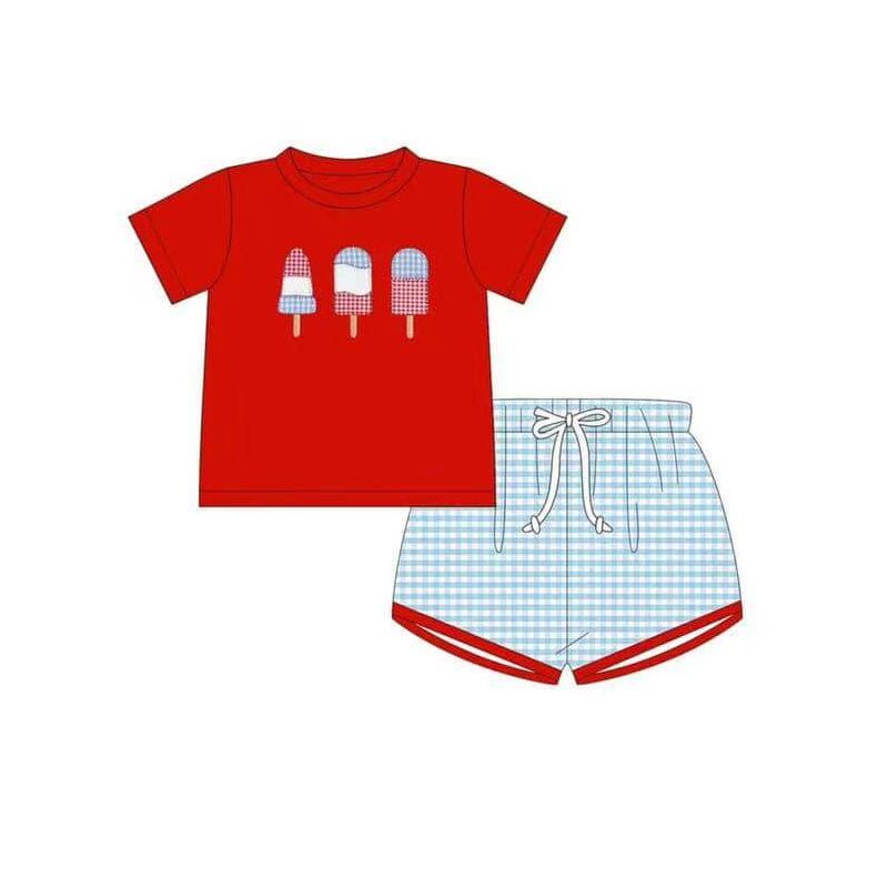 baby boy clothes ice cream red top light grid shorts summer outfit