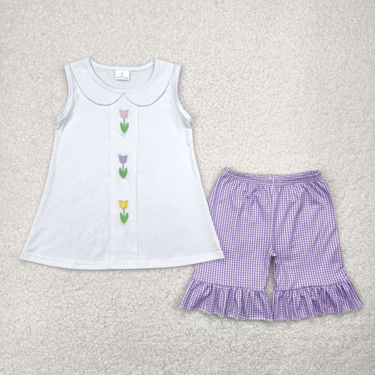 RTS NO MOQ GSSO2276 Embroidery Tulip flower doll collar white sleeveless purple plaid shorts suit