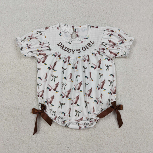 RTS NO MOQ（In Stock) Embroidered Daddy's Girl Bow Pattern Duck Short-Sleeved Jumpsuit