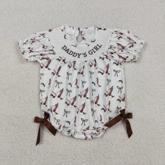 Best Sell RTS Baby Girls Smocked Ruffle Rompers with Bows And Ducks Design for Hunting Theme Outfit