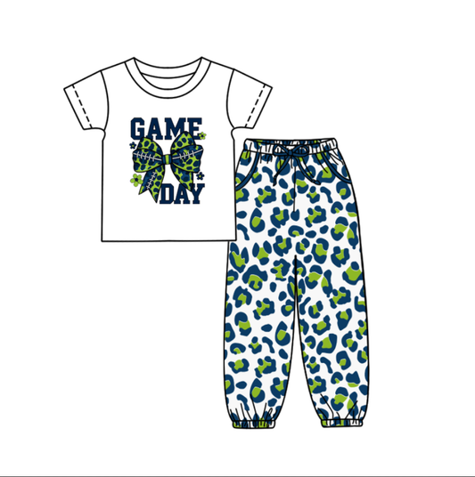 Custom summer teams baby boy clothes team GAME DAY bow green camouflage short sleeve pants sets-25.9.5