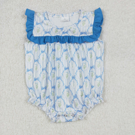 RTS NO MOQ ETA 5/7days arrived SR2648 Flower leaves blue lace bow pattern striped vest jumpsuit