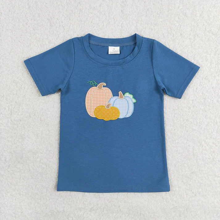 RTS NO MOQ Baby Girls Boys Blue Stripes Pumpkin Sibling Shirt Dresses Pumpkin Embroidery