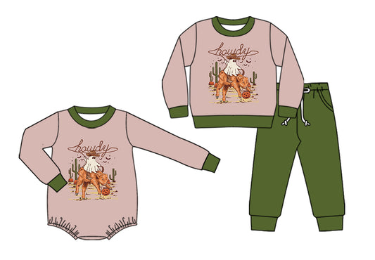 25.6.10 custom each style moq 5eta 4-6week Sibling Sisters riding horse baby boy long sleeve pants sets and rompers match family design