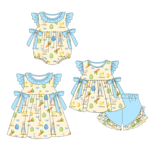 1.14 custom each style moq 5eta 4-6week Sibling Sisters easter baby girl short sleeve shorts sets and dress and rompers match family design