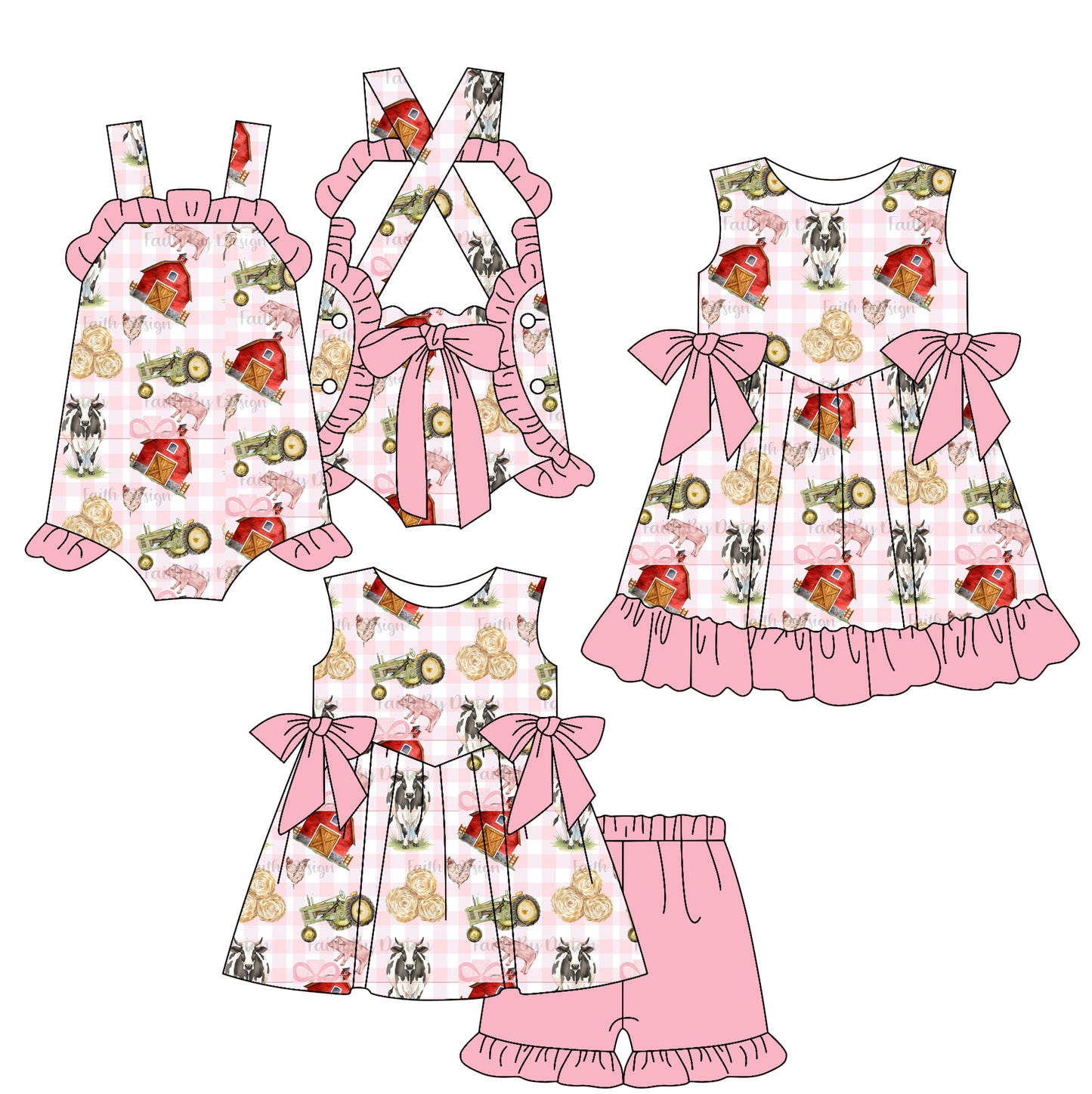 25.12.27 custom each style moq 5 eta 6-8week Sibling Sister farm baby short sleeve shorts sets and romper and dress match design