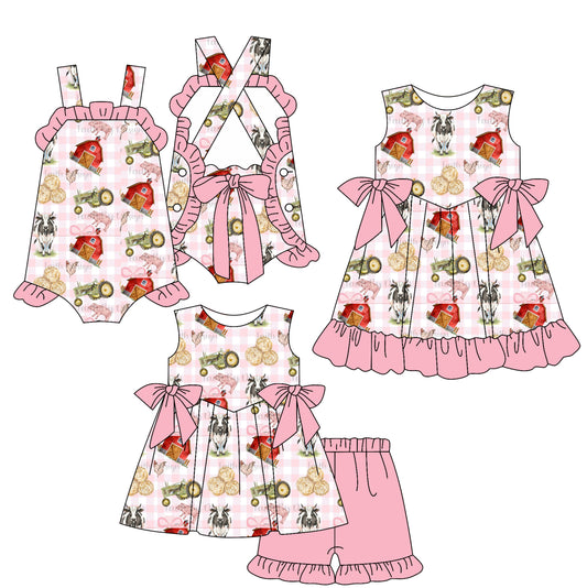 25.12.27 custom each style moq 5 eta 6-8week Sibling Sister farm baby short sleeve shorts sets and romper and dress match design