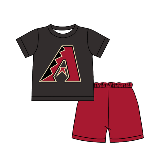 Custom moq 5 mix size milk silk summer teams Baby Boy's black  Short-Sleeved O-Neck Top And solid color Shorts Set