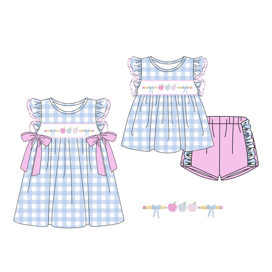 26.1.24 custom each style moq 5 eta 6-8week Sibling Sister pencil apple bow baby short sleeve shorts sets and dress match design