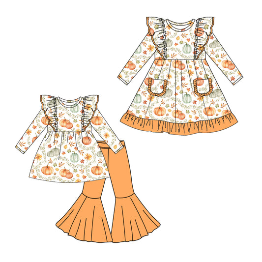 25.5.12 custom each style moq 5eta 4-6week Sibling Sisters floral pumpkin baby girl long sleeve pants sets and dress match family design