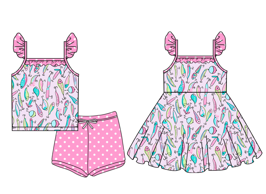 3.20 custom each style moq 5eta 4-6week Sibling Sister fish baby girl short sleeve shorts sets and dresses match design