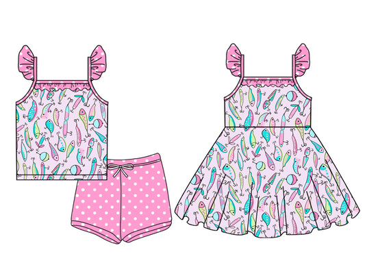 3.20 custom each style moq 5eta 4-6week Sibling Sister fish baby girl short sleeve shorts sets and dresses match design