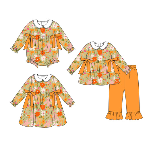 25.7.4 custom each style moq 5eta 4-6week Sibling Sisters floral baby girl long sleeve pants sets and dress and rompers match family design